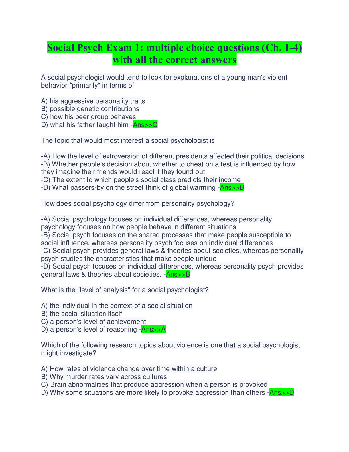 Social Psych Exam 1 multiple choice questions (Ch. 14) with all the